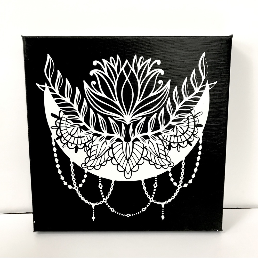 Celestial Botanical Moon Canvas - Black White Witchy Wall Art 12x12